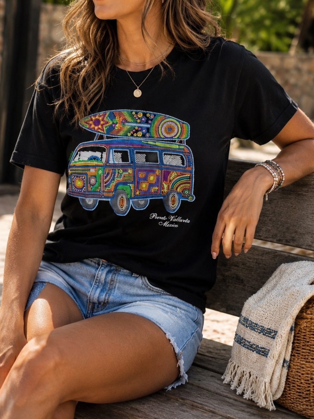 Puerto Vallarta Graphic Tee Medium | Colorful Surf Van Shirt Black | T Shirt - Picture 1 of 4